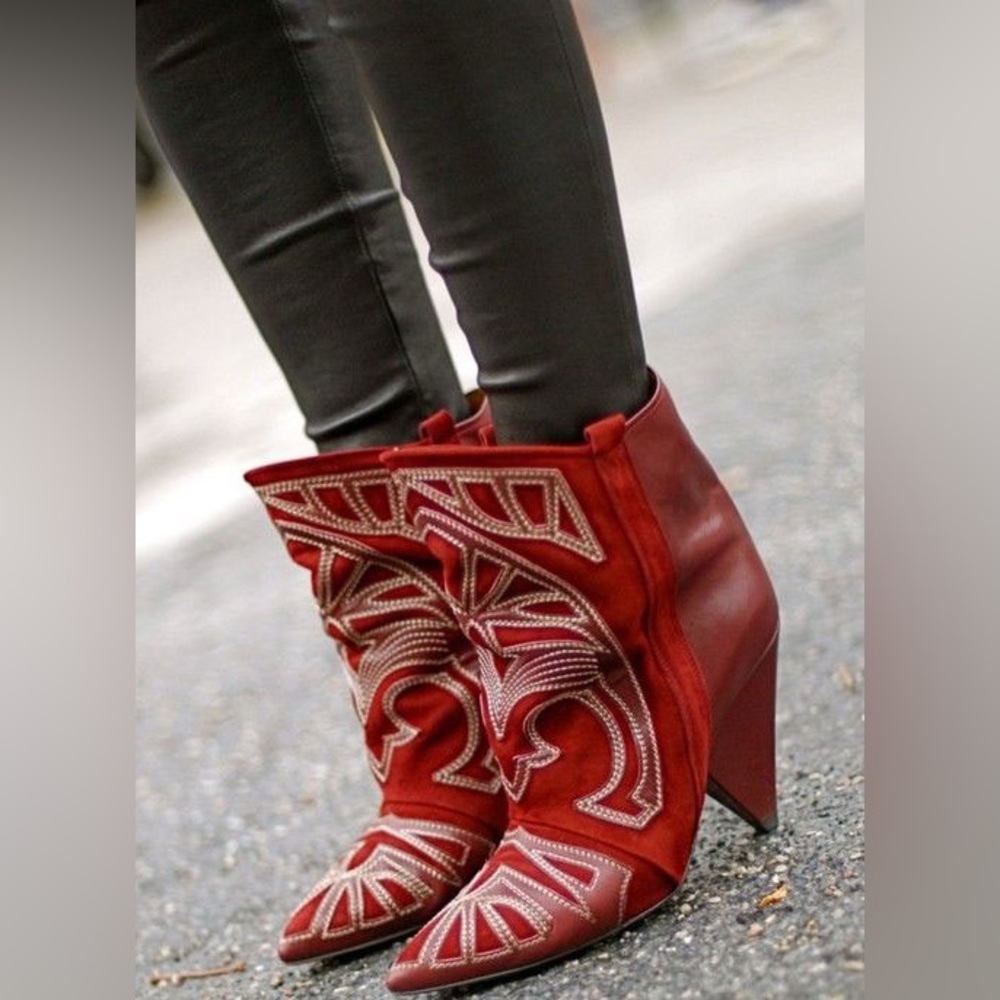 Isabel Marant Vintage Suede Red Embroidered Berry Boots 8 leather ankle boot